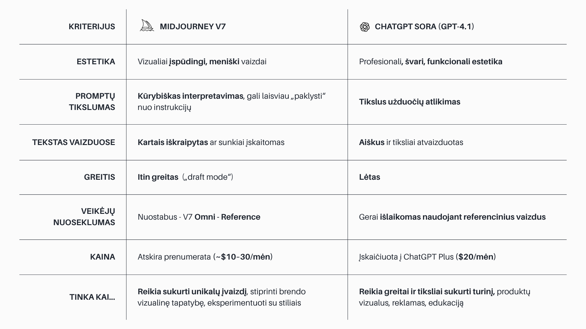 Chat GPT ar Midjourney lentelė kuri aiškiai demonstruoja kūrį įrankį pasirinkti ir kokie privalumai vieno ir kito.
